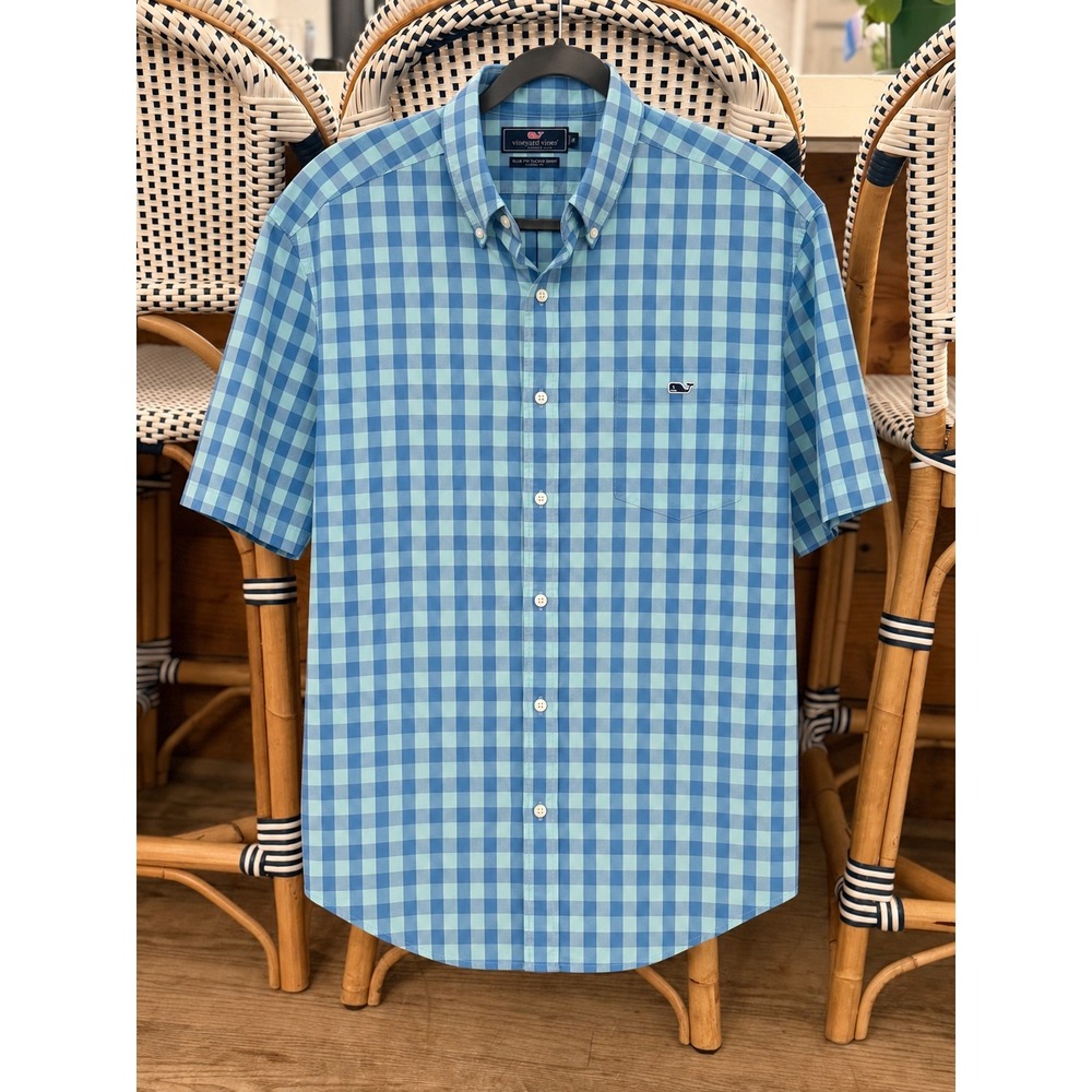 Vineyard Vines Slim Fit Tucker Shirt XXL Blue Green Gingham Short Sleeve Mens